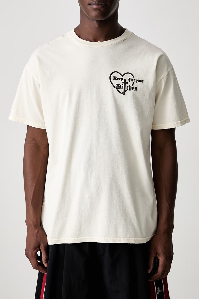 KEEP PRAYING BITCHES oversize t-shirt βαμβακερό ανδρικό Willy Chavarria μπεζ WCJSY0184