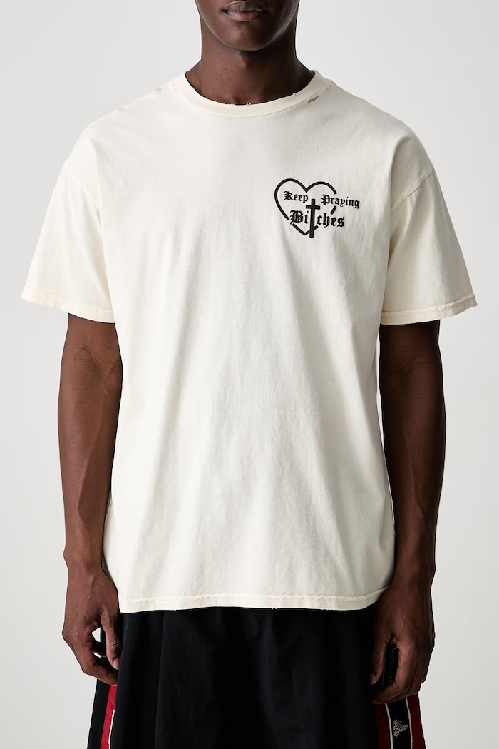 KEEP PRAYING BITCHES oversize t-shirt βαμβακερό ανδρικό Willy Chavarria μπεζ WCJSY0184