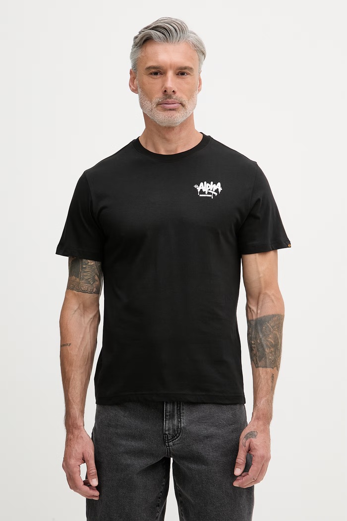 Ρούχα Alpha Industries t-shirt ανδρικό βαμβακερό Signature 266554 μαύρο