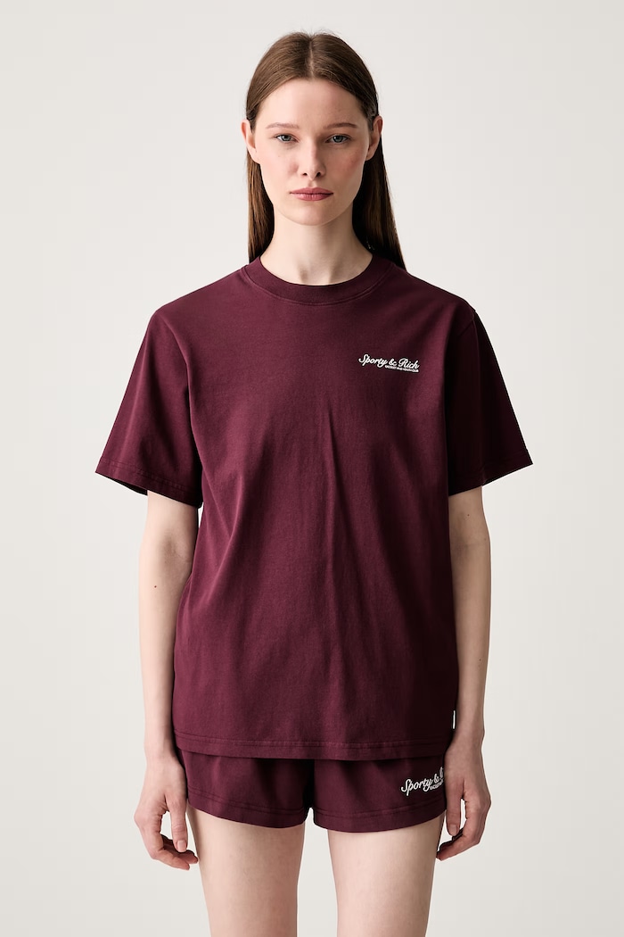 Sporty & Rich Syracuse T-shirt bawełniany bordowy TO11975325RE02