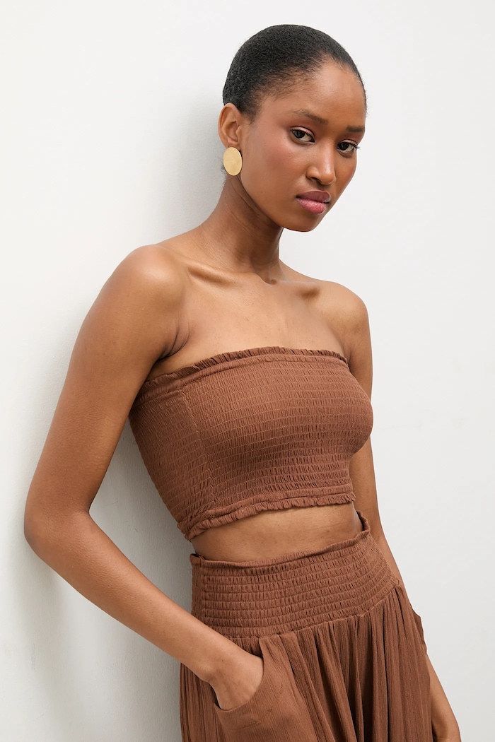 Answear.LAB crop top dámský s viskózou slim hnědá BUSTIER.hak