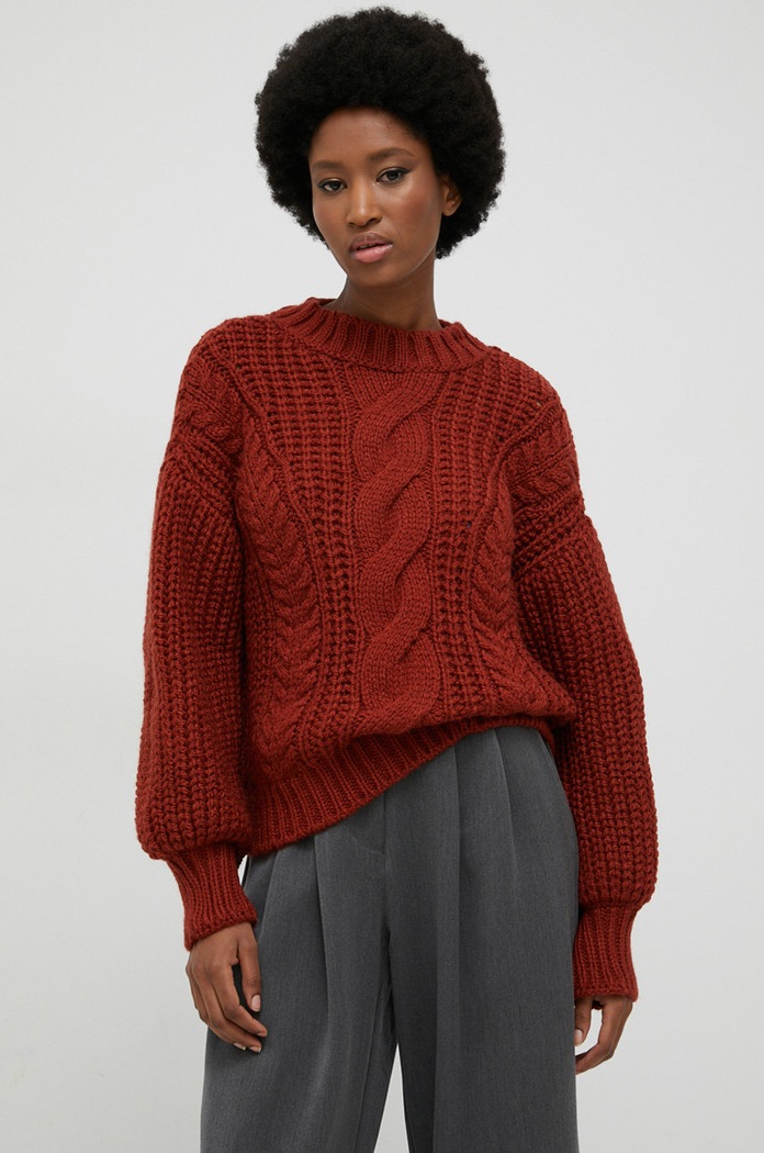 Answear Lab sweter z wełną okrągły brązowy 6791.js