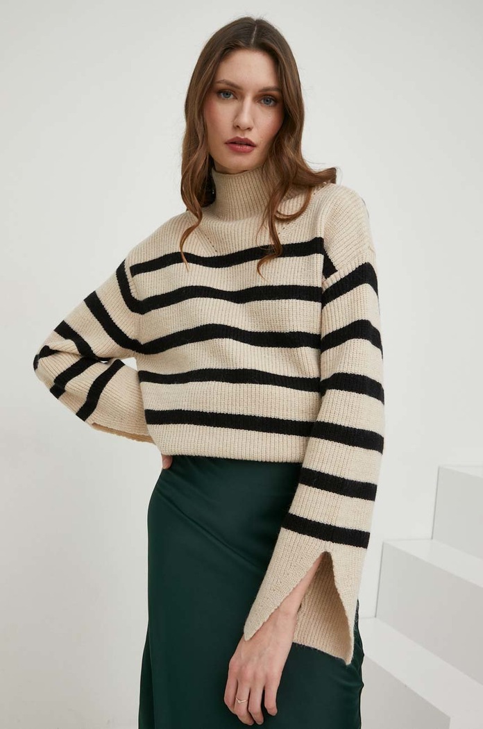 Answear Lab sweter z wełną półgolf beżowy 38146.js