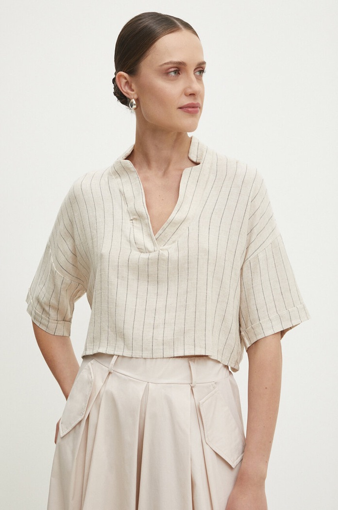 Lněná halenka Answear.LAB pruhy béžová 6223.TWK