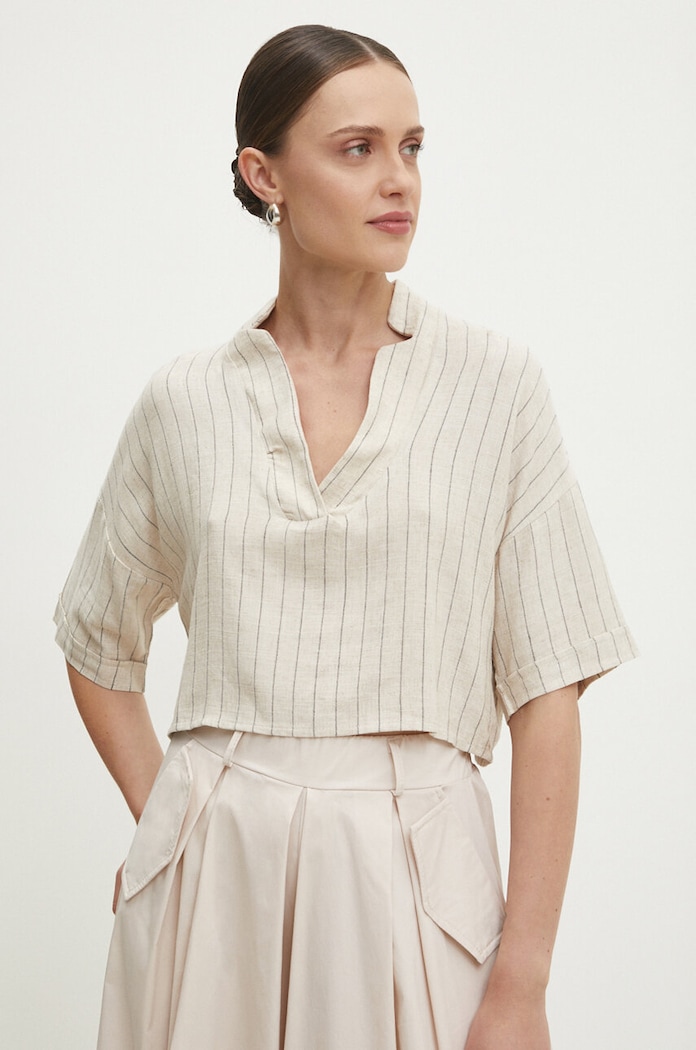 Lněná halenka Answear.LAB pruhy béžová 6223.TWK