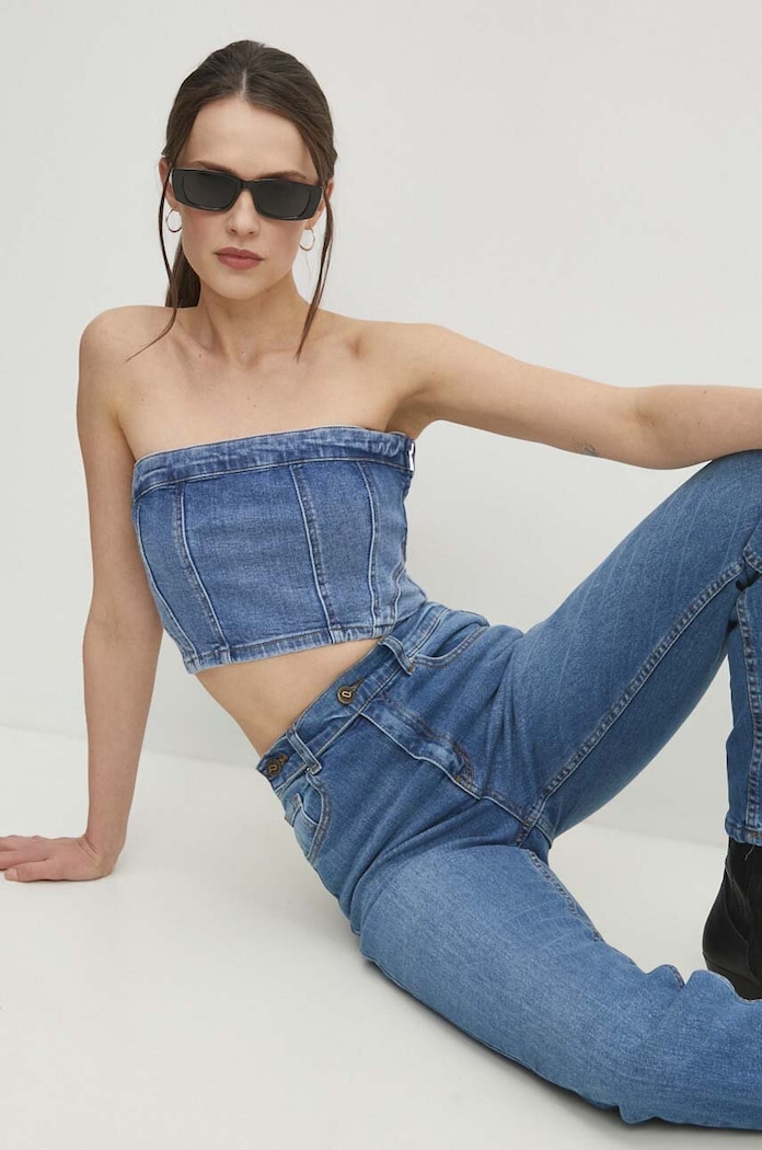 Answear Lab top din denim uni albastru hm651.fjs