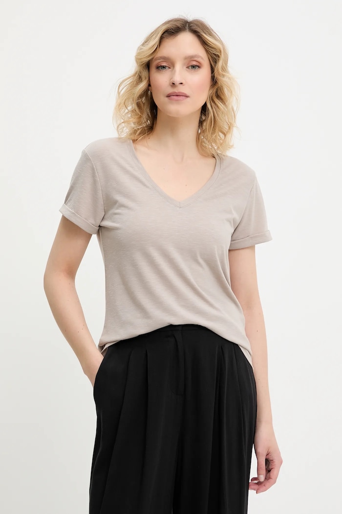 Lanena kratka majica Answear.LAB Brez vzorca rjava W25.73.flk