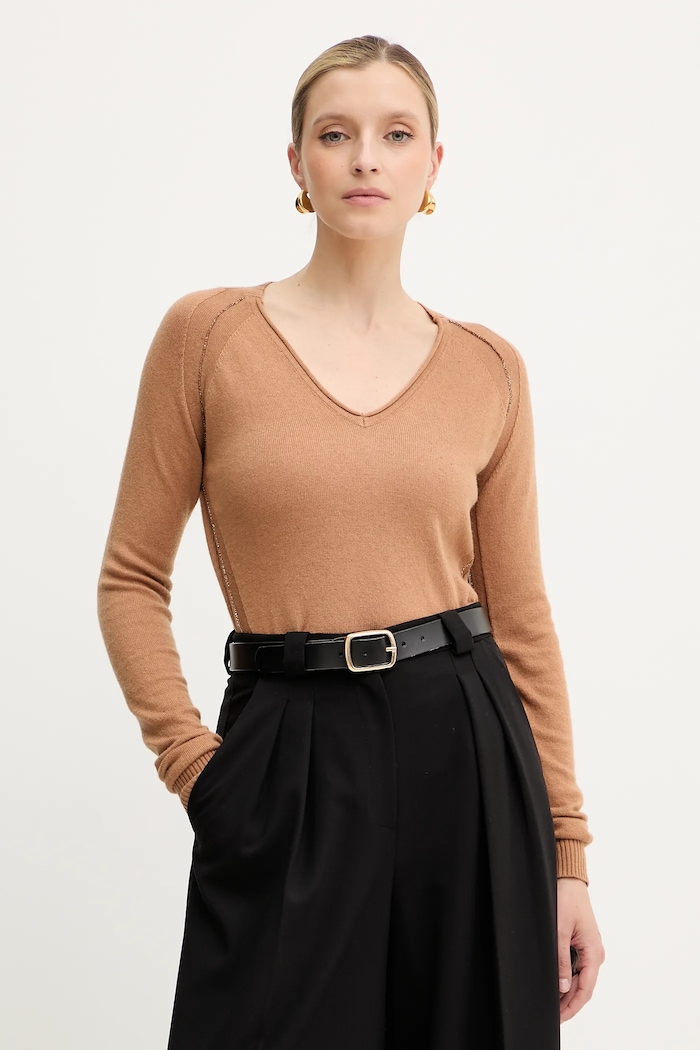Silvian Heach sweter z domieszką wełny DIEGOROSA szpic brązowy GPA25242MA