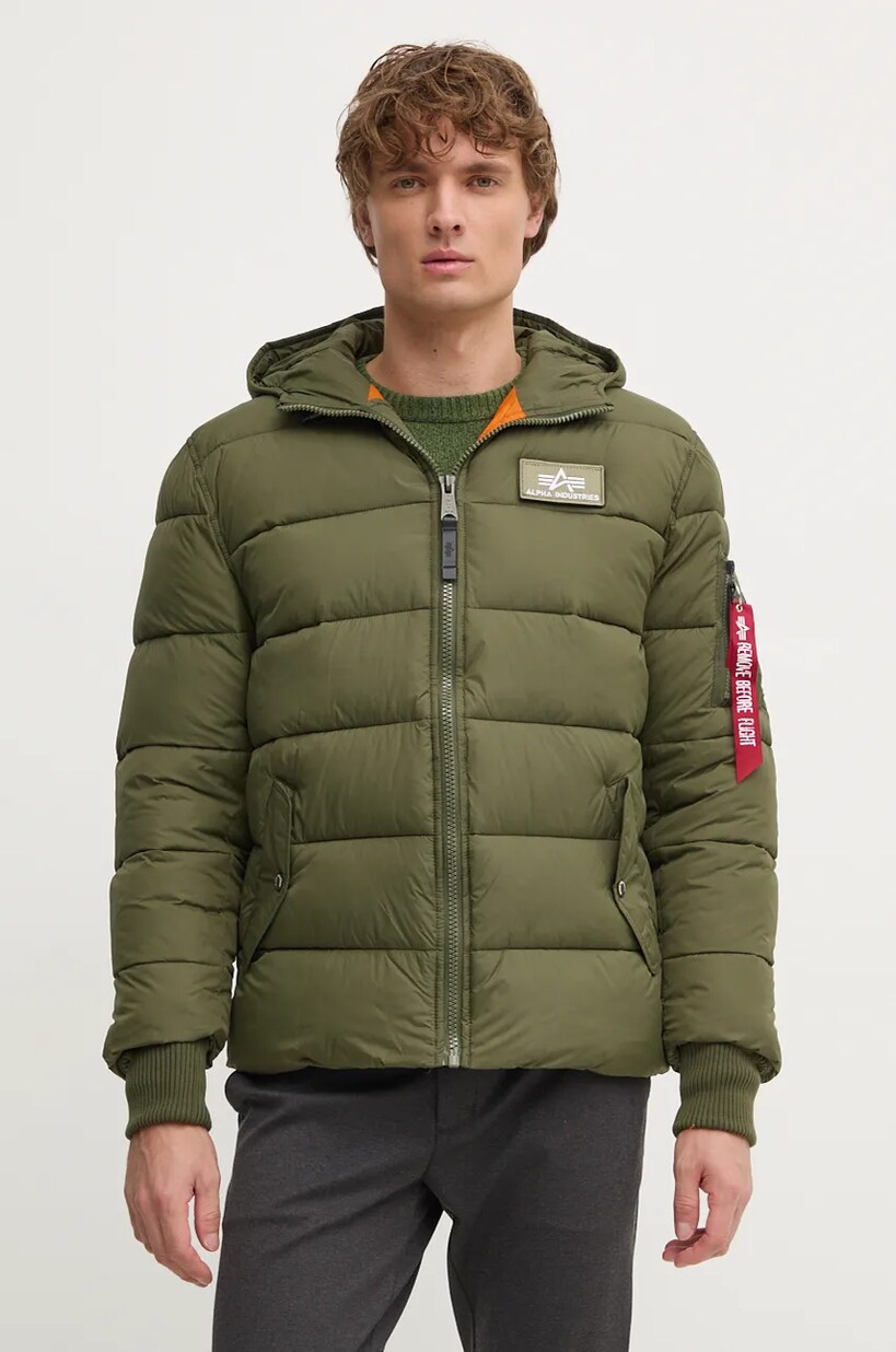 Alpha Industries jacket Logo Puffer men s green color at PRM US