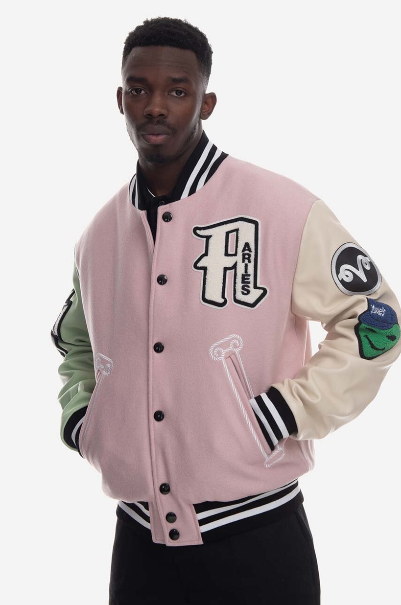 Aries bomber jacket men's pink color Aries Varsity Jacket AR70200