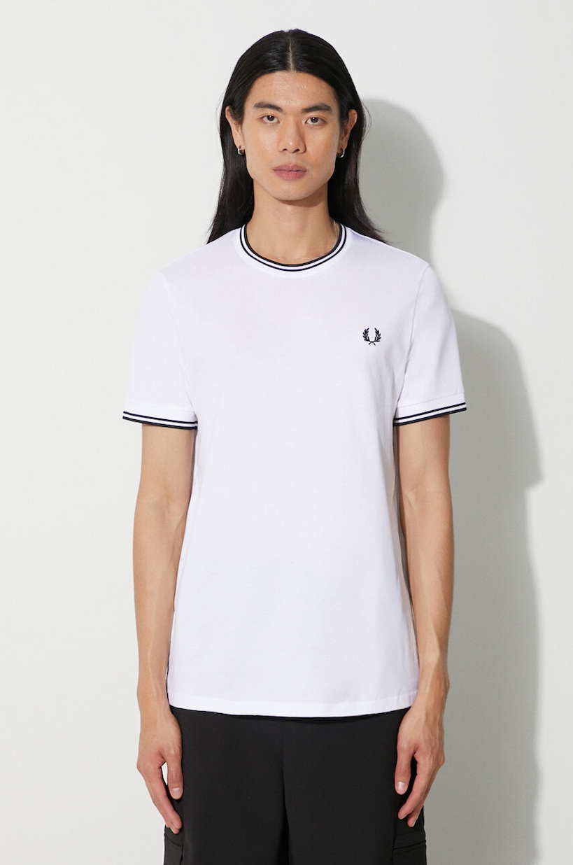 Tシャツ・カットソー FRED PERRY Men T Shirts M1600 129 White Fred Perry cotton t-shirt Crew Neck T-Shirt men's white