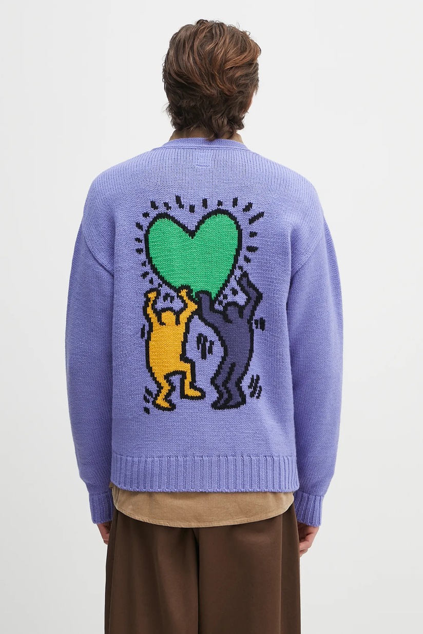 トップス WACKO MARIA KEITH HARING CARDIGAN Wacko Maria woolen cardigan x Keith Haring violet color KH.WM.KN04
