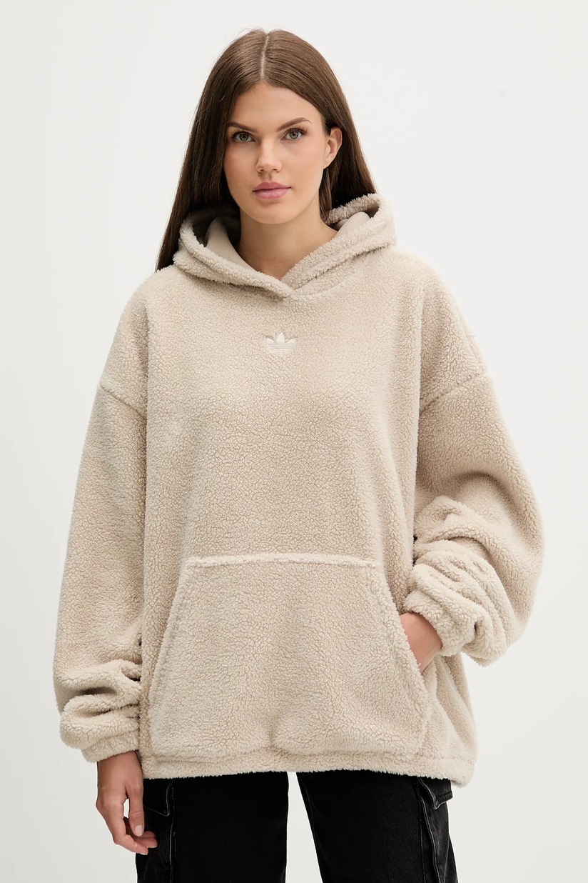Флисовая кофта adidas Originals Teddy цвет бежевый с капюшоном с