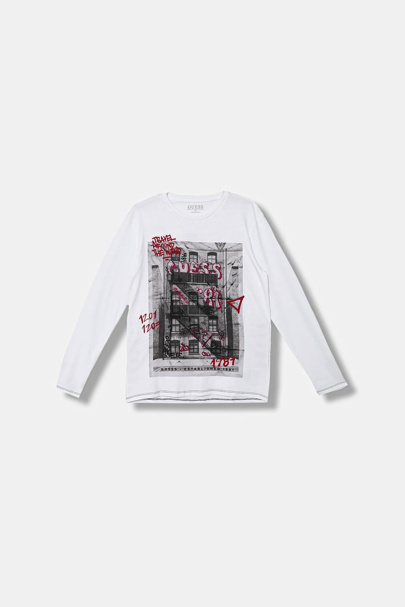 Хлопковый детский лонгслив Guess цвет белый с принтом N4BI11 I3Z14