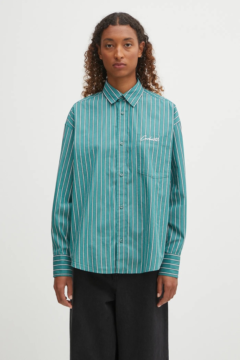 Carhartt WIP cotton shirt W' L/S Grimsby green color relaxed