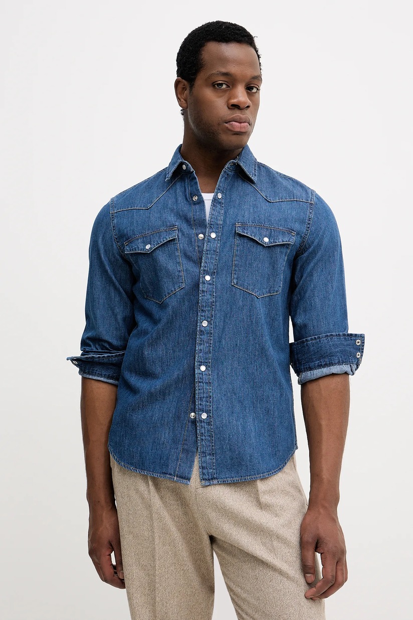 Chemise Garçon United Colors Of Benetton - Chambray Indigo, Manches Courtes, Poches Poitrine - Taille 110 Cm