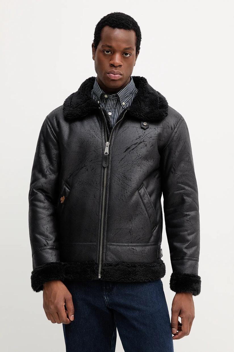 Alpha Industries leather jacket B3 Leather men's black color