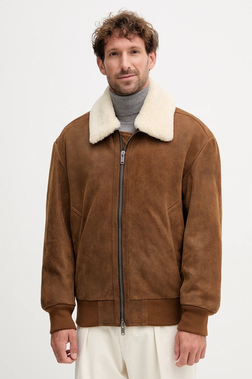 BOSS Orange kurtka zamszowa Jonier kolor brązowy przejściowa