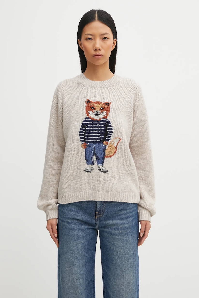 Maison Kitsuné wool blend jumper Dressed Fox Intarsia Wool beige Maison Kitsuné wool blend jumper Dressed Fox Intarsia Wool beige