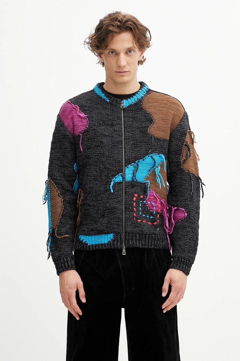 トップス WACKO MARIA KEITH HARING CARDIGAN Wacko Maria woolen cardigan x Keith Haring violet color KH.WM.KN04