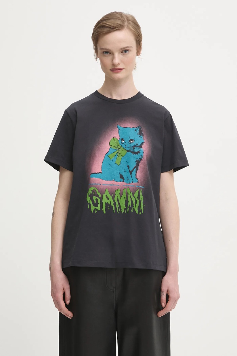 GANNI cotton t-shirt Basic Cotton Jersey Neon Kitty gray color