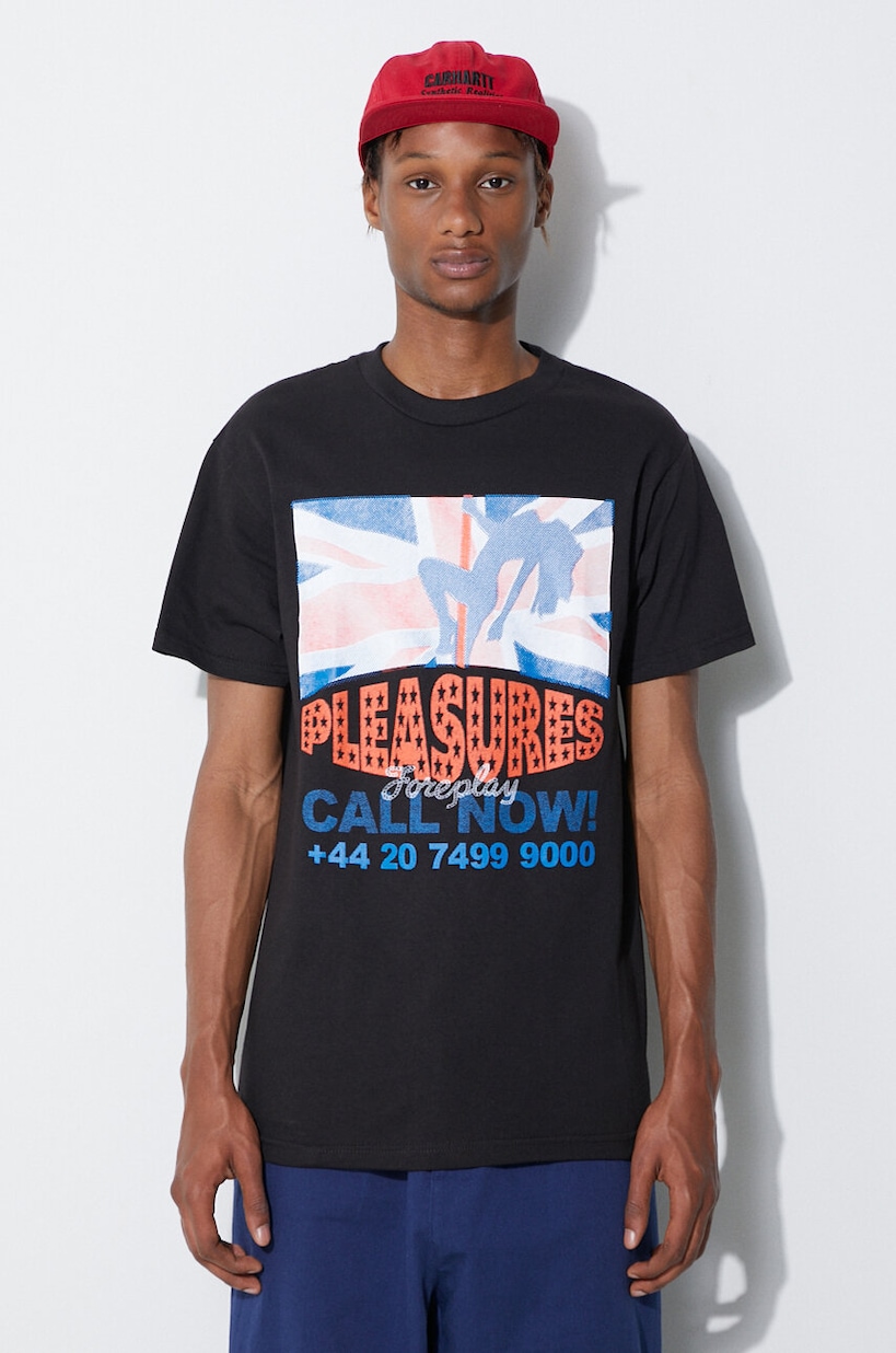 PLEASURES cotton t-shirt F Me men's black color with a print
