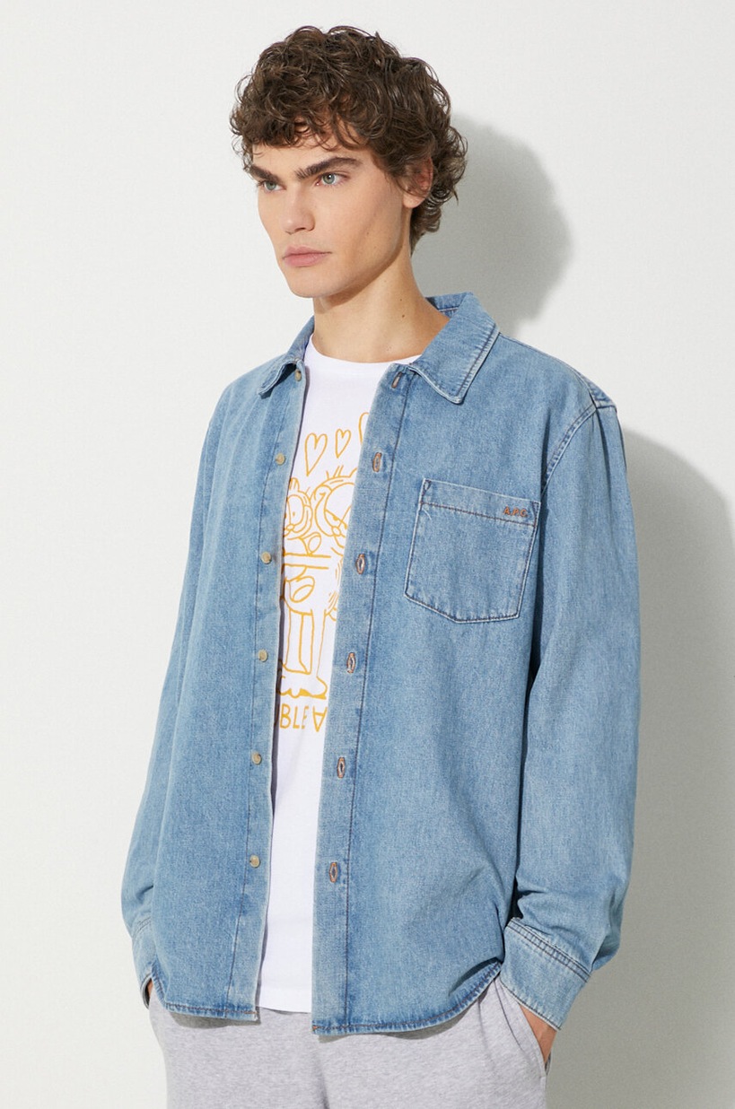 A.P.C. cotton shirt Chemise Mateo Logo men's blue color
