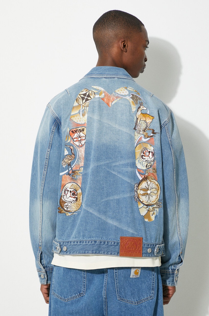 Evisu denim jacket Hanafuda Daruma Daicock men's blue color