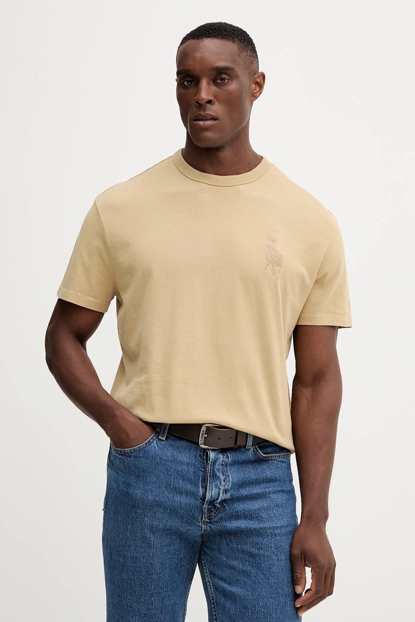 Хлопковая футболка Polo Ralph Lauren мужская цвет бежевый с
