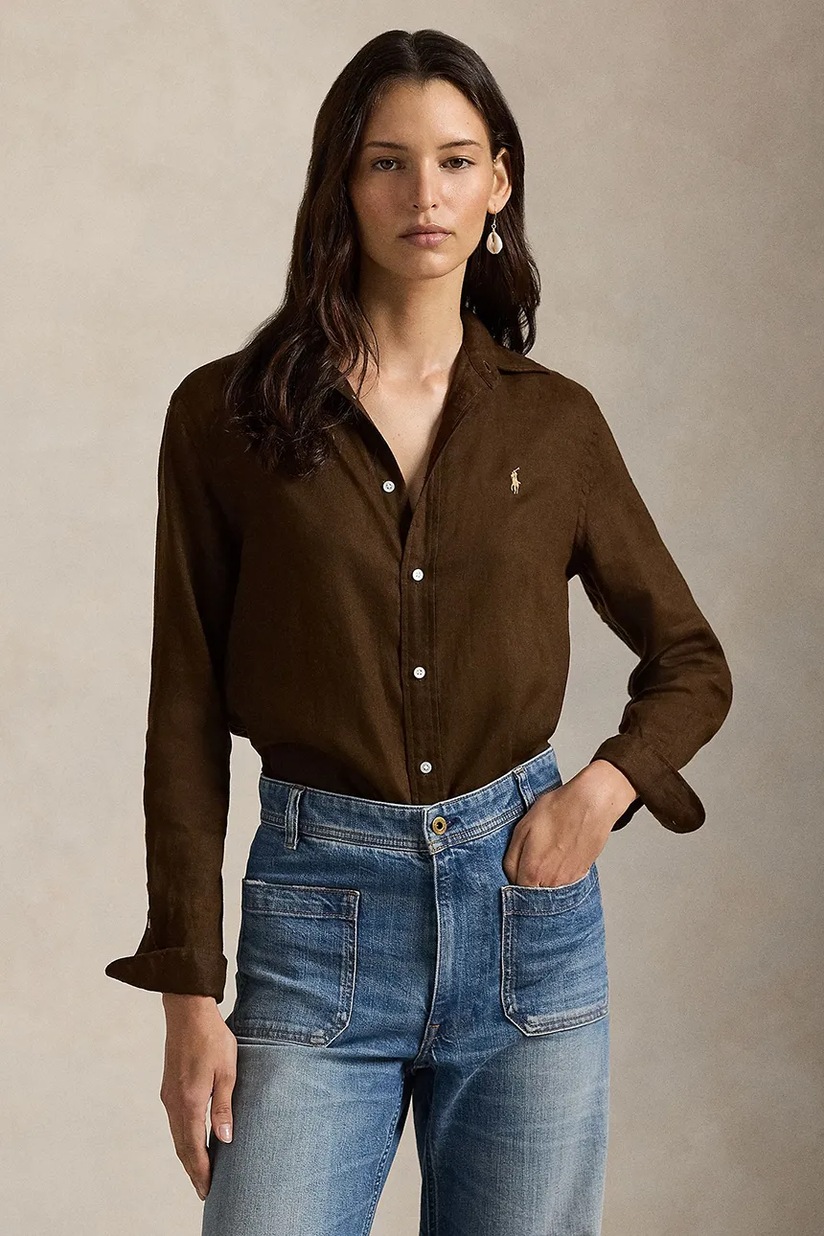 Polo Ralph Lauren shirt linen Women's brown plain 211970730 at PRM US