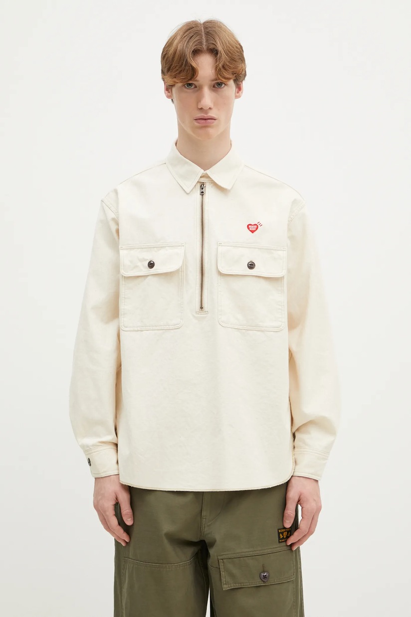 Human Made cotton shirt Zip-Up Work Shirt men's beige color