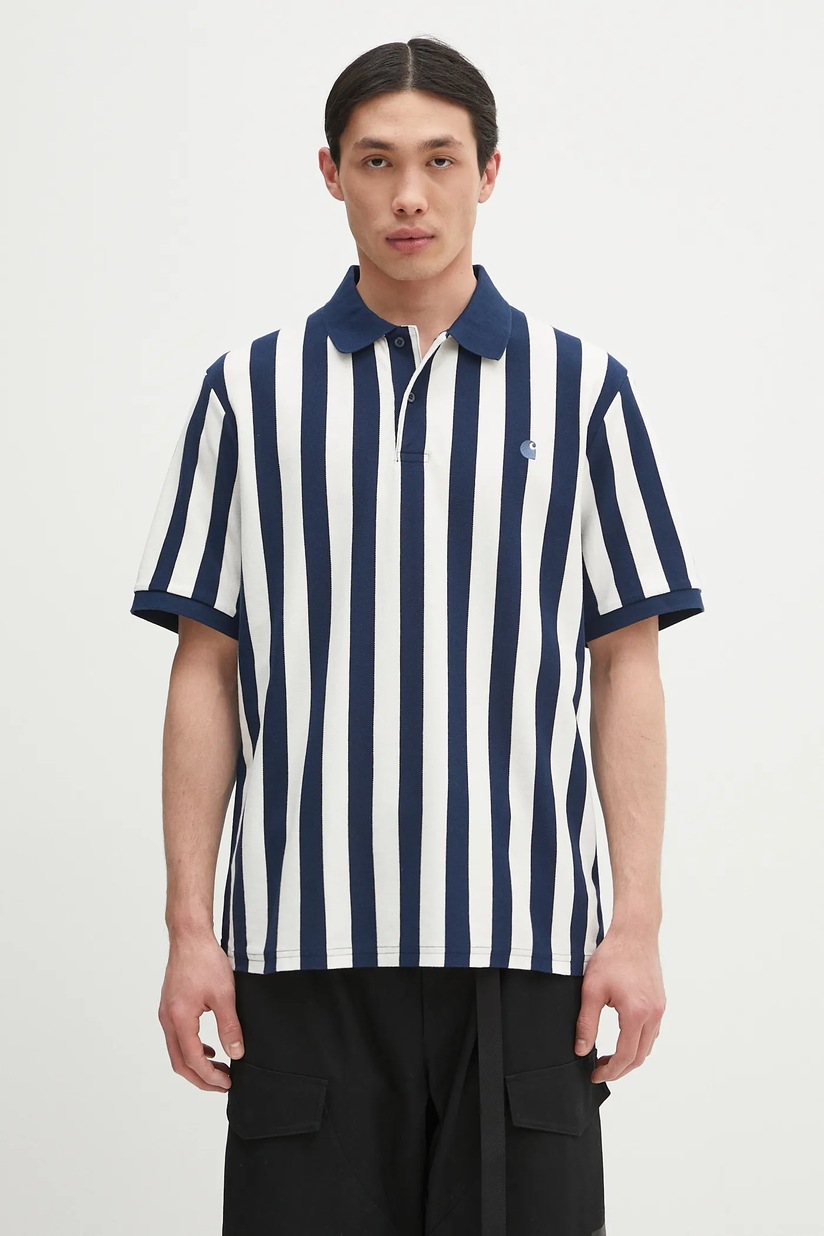 Carhartt WIP cotton polo shirt S/S Boynton Polo navy blue color