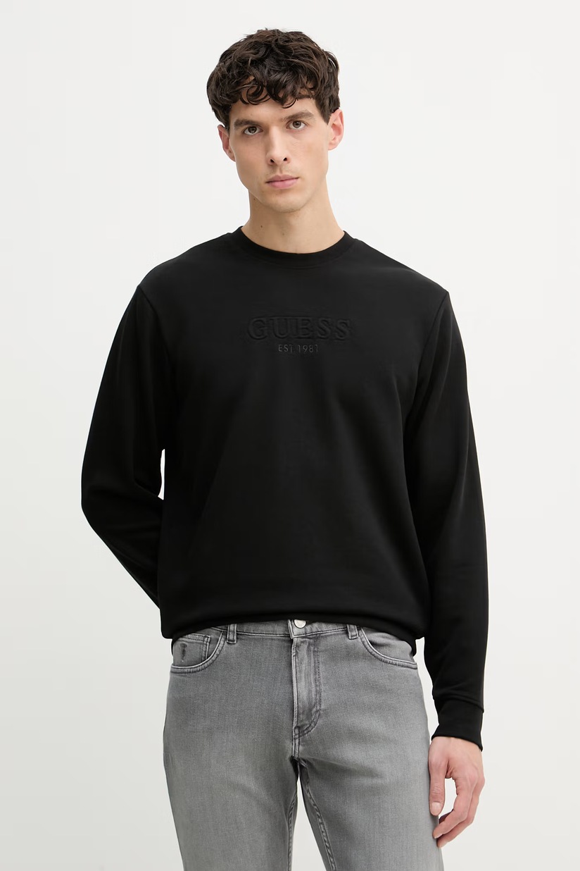 Бавовняна кофта Guess MENTORE колір чорний з капюшоном з