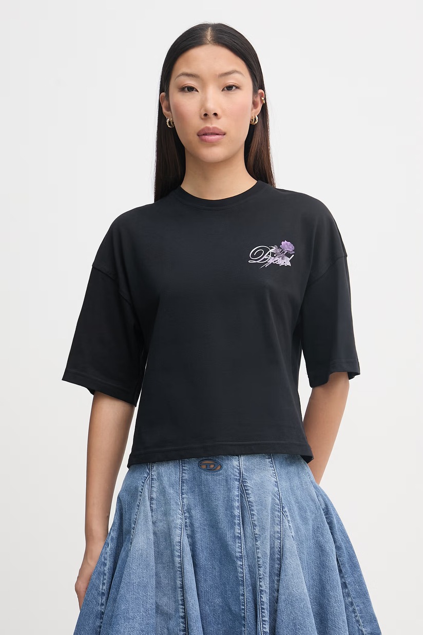 Хлопковая футболка Diesel T-BUXT-CROP-OD женская цвет чёрный