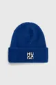 niebieski HUGO czapka z domieszką wełny Damski