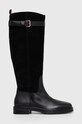 Tommy Hilfiger kozaki skórzane CASUAL ESSENTIAL BELT LONGBOOT skóra zamszowa czarny FW0FW07480