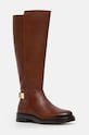 Vysoké čižmy Tommy Hilfiger TH LOGO LEATHER LONG BOOT usňová koža hnedá FW0FW08335