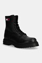 Tommy Jeans ghete de piele TJM LACE UP MID BOOT TUMBLED WL cu snur negru EM0EM01470