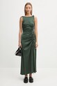 GANNI sukienka Solid Stretch Satin Gathered Long W0739 zielony