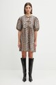 GANNI cotton dress Printed Cotton Tie String Mini F9758. brown