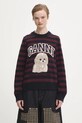 GANNI sweter z dodatkiem wełny Graphic Wool Mix Poodle Stripe okrągły bordowy K2567