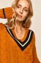 bursztynowy Sweter damski ze spiczastym dekoltem pomarańczowy