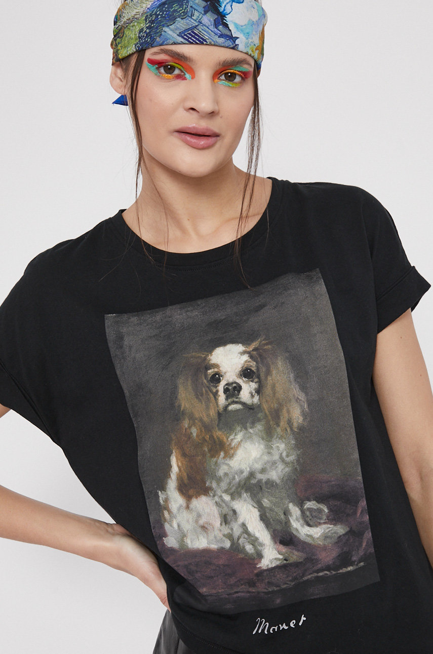 T-shirt bawełniany Eviva L'arte damski z nadrukiem czarny czarny