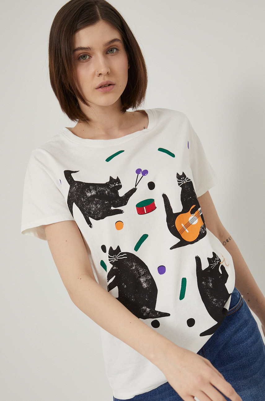 T-shirt bawełniany z nadrukiem damski by Jakub Zasada beżowy kremowy
