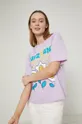 lawendowy T-shirt bawełniany z dzianiny z nadrukiem fioletowy