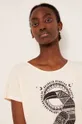 beżowy T-shirt bawełniany damski z nadrukiem beżowy