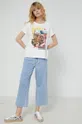 T-shirt bawełniany damski z domieszką elastanu z kolekcji Kolaże by Panna Niebieska beżowy beżowy
