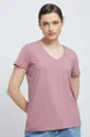 różowy T-shirt bawełniany damski gładki z domieszką elastanu kolor różowy Damski