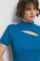 turkusowy T-shirt damski prążkowany kolor turkusowy