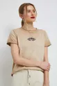 piaskowy T-shirt bawełniany damski z nadrukiem kolor beżowy